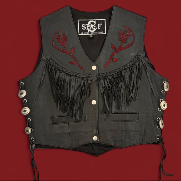 Vintage America Jackets & Blazers - vintage leather vest with red rose and fringe details
